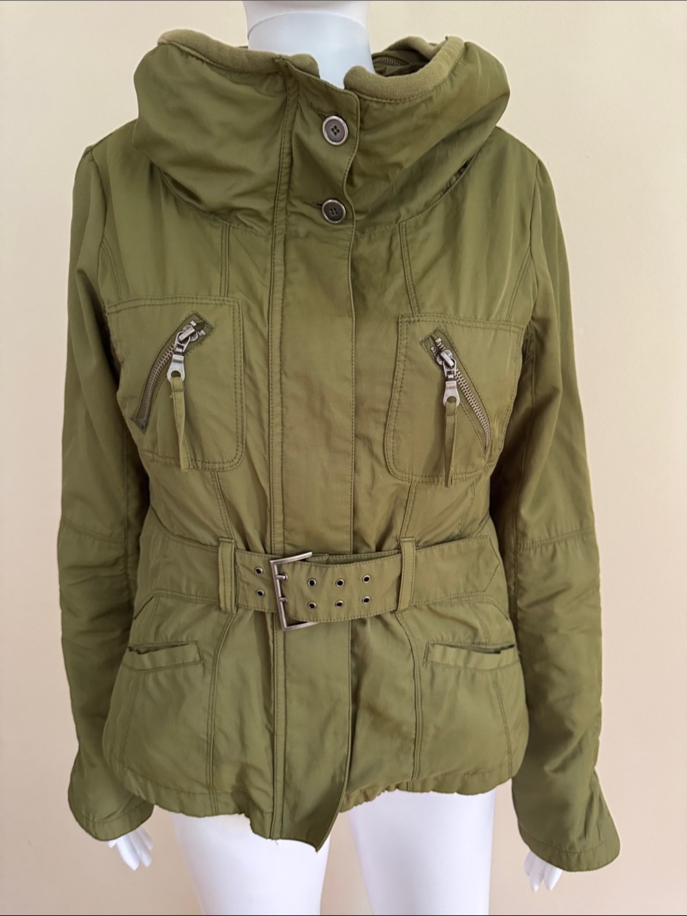 Women's Olive Utility Belted Jacket with High Collar Zip Front